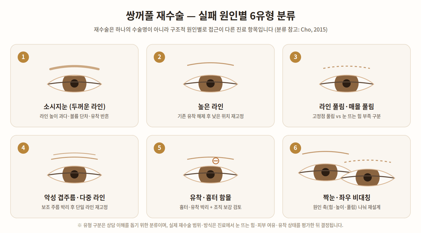 쌍꺼풀 재수술 실패 원인별 6유형 분류 도해 — 소시지눈(두꺼운 라인), 높은 라인, 라인 풀림·매몰 풀림, 악성 겹주름·다중 라인, 유착·흉터 함몰, 짝눈·좌우 비대칭을 눈매 모식도로 구분. 재수술은 하나의 수술명이 아니라 구조적 원인별로 접근이 다른 진료 항목임을 나타냄