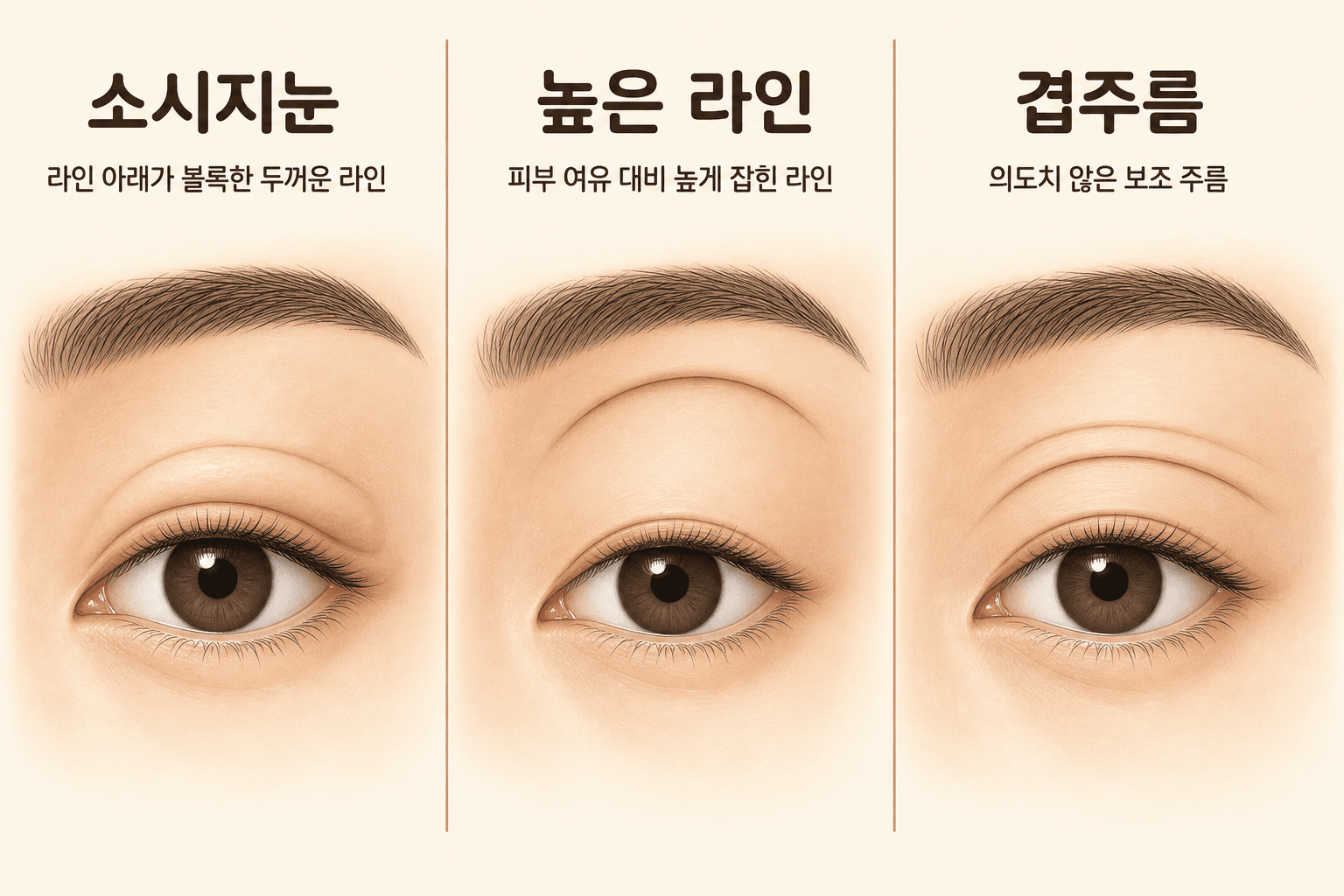 쌍꺼풀 라인 문제 3유형 도해 — 소시지눈(라인 아래가 볼록한 두꺼운 라인), 높은 라인(피부 여유 대비 높게 잡힌 라인), 겹주름(의도치 않은 보조 주름이 함께 접히는 상태) 눈매 비교