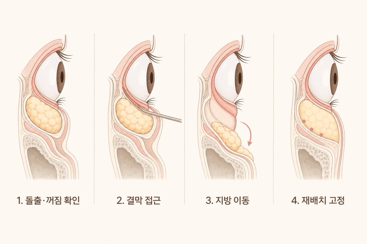 눈밑지방재배치 4단계 수술 과정 도해 — 1 돌출·꺼짐 확인, 2 결막 접근(외부 절개 없음), 3 돌출 지방을 눈물고랑으로 이동, 4 재배치 고정 후 평탄해진 눈밑 단면