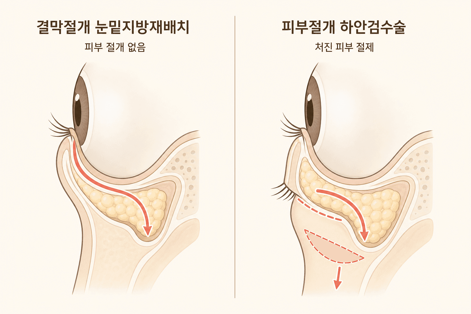 눈밑지방재배치(결막절개)와 하안검수술(피부절개) 접근 방식 비교 단면 도해 — 왼쪽은 결막 접근으로 지방을 눈물고랑으로 옮기는 모습, 오른쪽은 속눈썹 아래 절개로 지방 재배치와 피부 절제를 함께 하는 모습