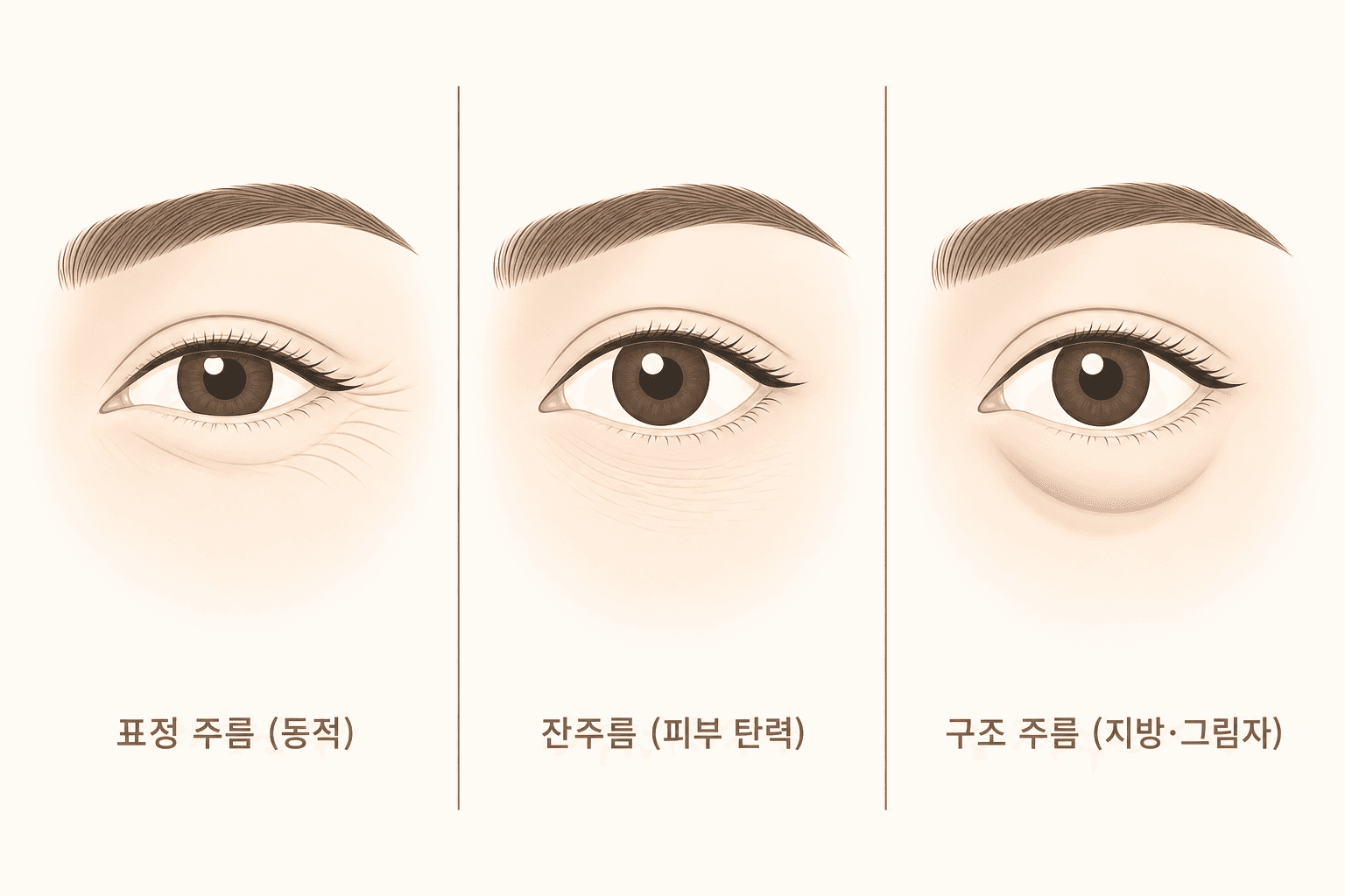 눈밑주름 3유형 도해 — 표정 주름(웃을 때 접히는 동적 주름), 잔주름(피부 탄력 저하의 정적 주름), 구조 주름(눈밑 지방 돌출·꺼짐이 만드는 그림자) 눈밑 일러스트 비교