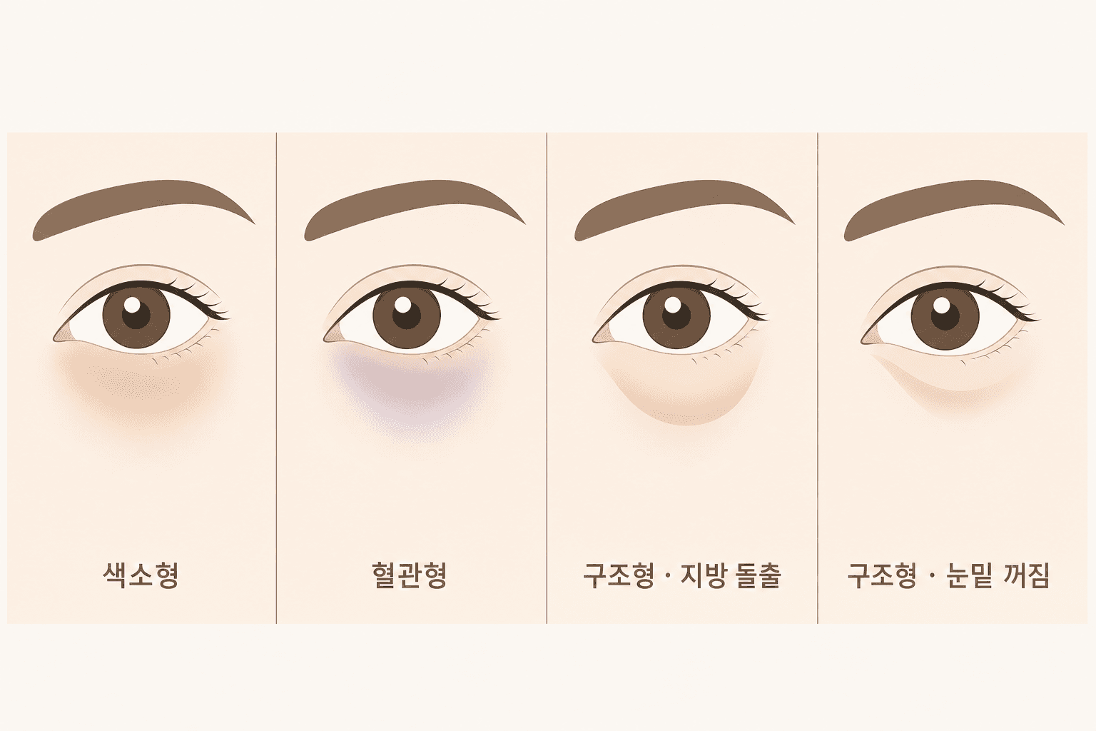 다크서클 4유형 도해 — 색소형(갈색 톤), 혈관형(푸른 톤), 구조형 지방 돌출(볼록한 그림자), 구조형 눈밑 꺼짐(패인 그림자) 눈밑 일러스트 비교