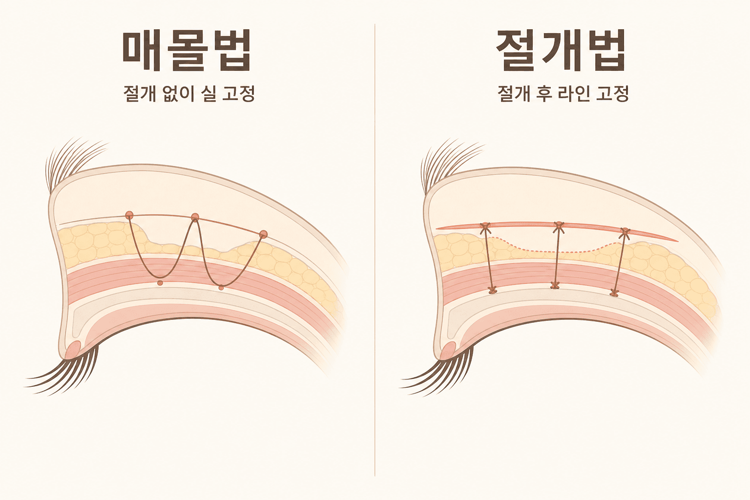 쌍꺼풀 매몰법과 절개법 비교 단면 도해 — 왼쪽은 절개 없이 실로 고정하는 매몰법, 오른쪽은 라인을 절개해 조직을 정리하고 고정하는 절개법